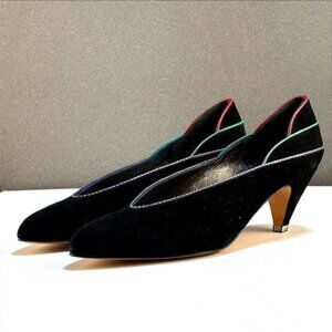 Evan Picone Black Suede Heels 7M Vintage Made in Spain Color Block Leather Trim